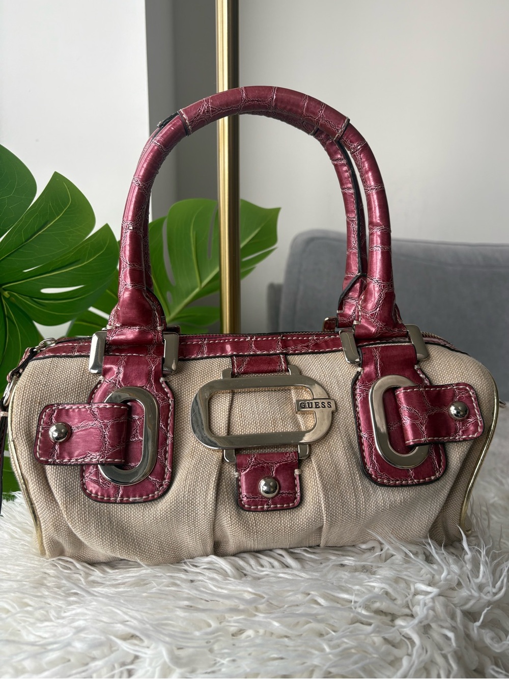 Vintage Y2K GUESS Pink Croc Canvas Barrel Bag Silver G Hardware McBling Purse
